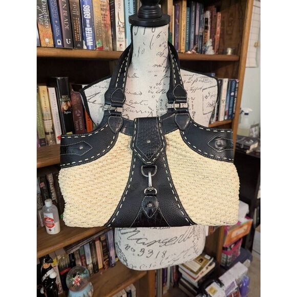 Brighton Handbag Shoulder Bag Woven Straw Patent Croc Leather Studded Satchel - Picture 2 of 8